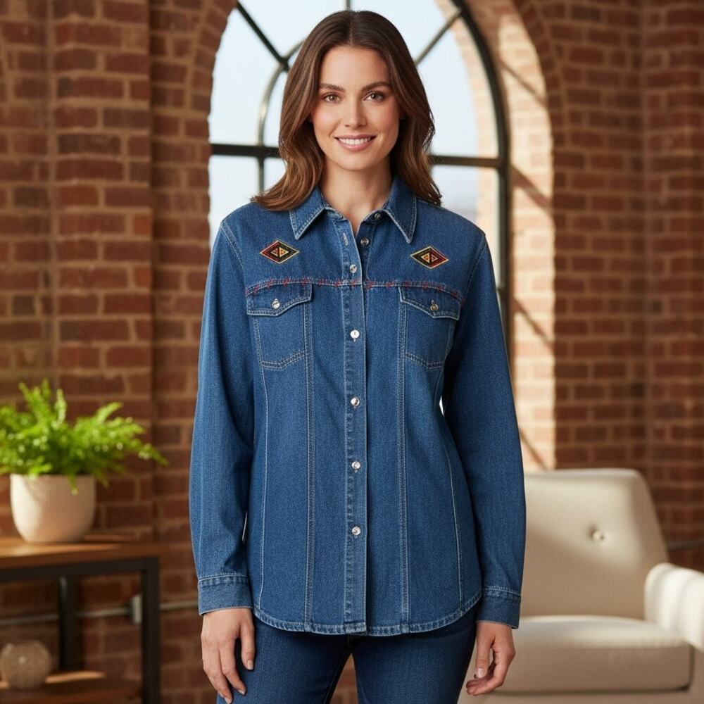 CST Blues Women’s 20W Denim Shirt Jacket Shacket Western Southwest Embroidery
